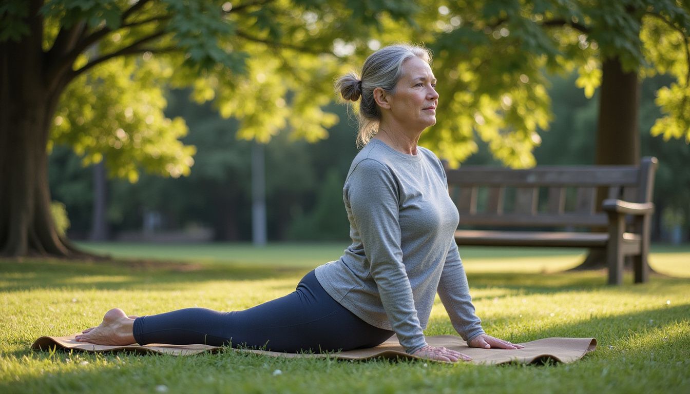 An older adult practices a gentle yoga pose on a grass mat at dawn.