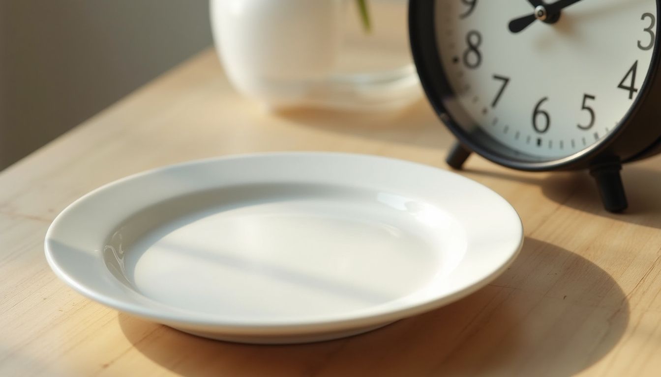 An empty plate next to a clock, symbolizing time-restricted eating.