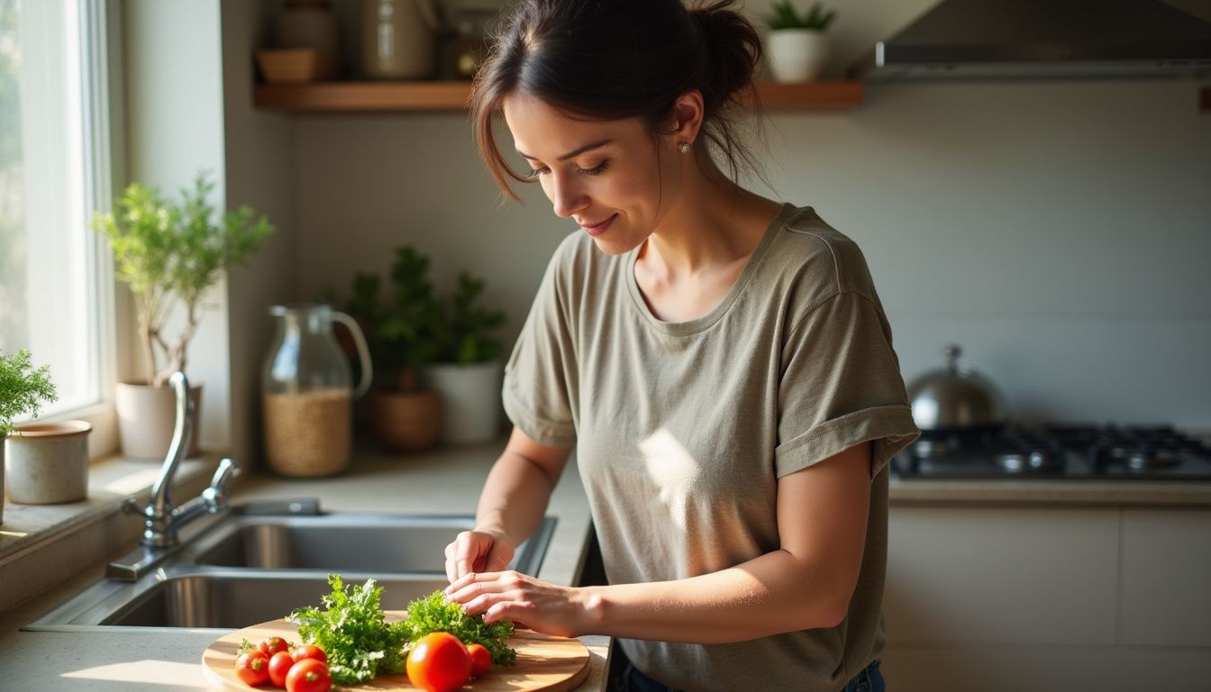 A woman rinses greens and chops vegetables beside a window.