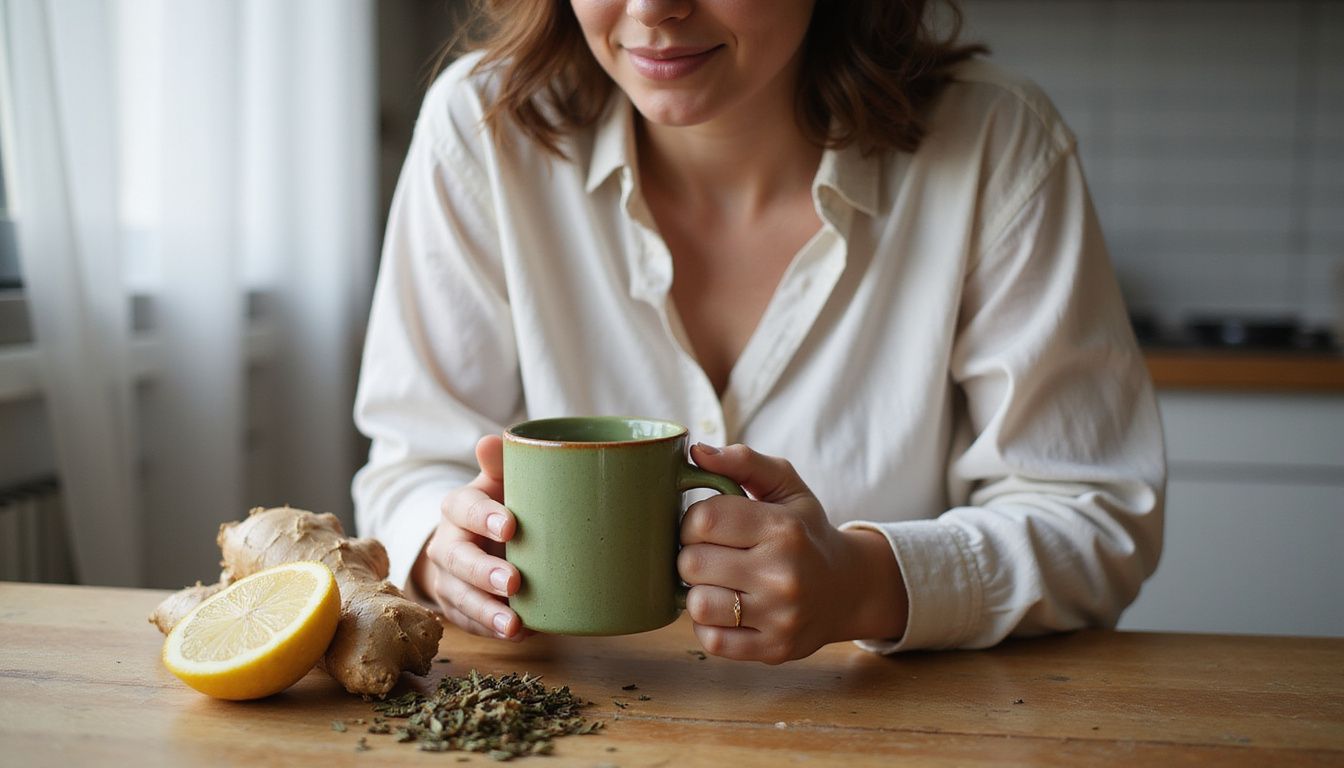 Woman drinking green tea at a cozy kitchen counter while planning meals.