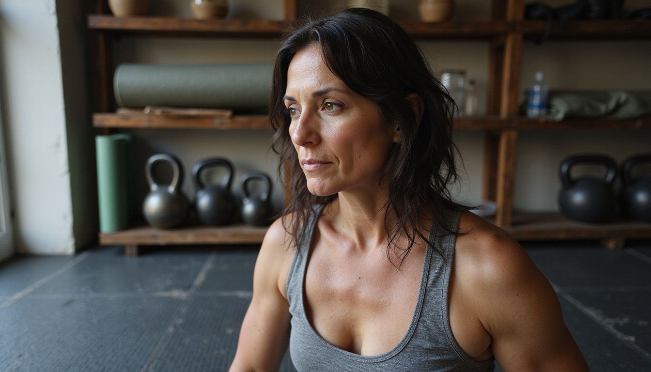 A focused woman training with dumbbells in a bright home gym.