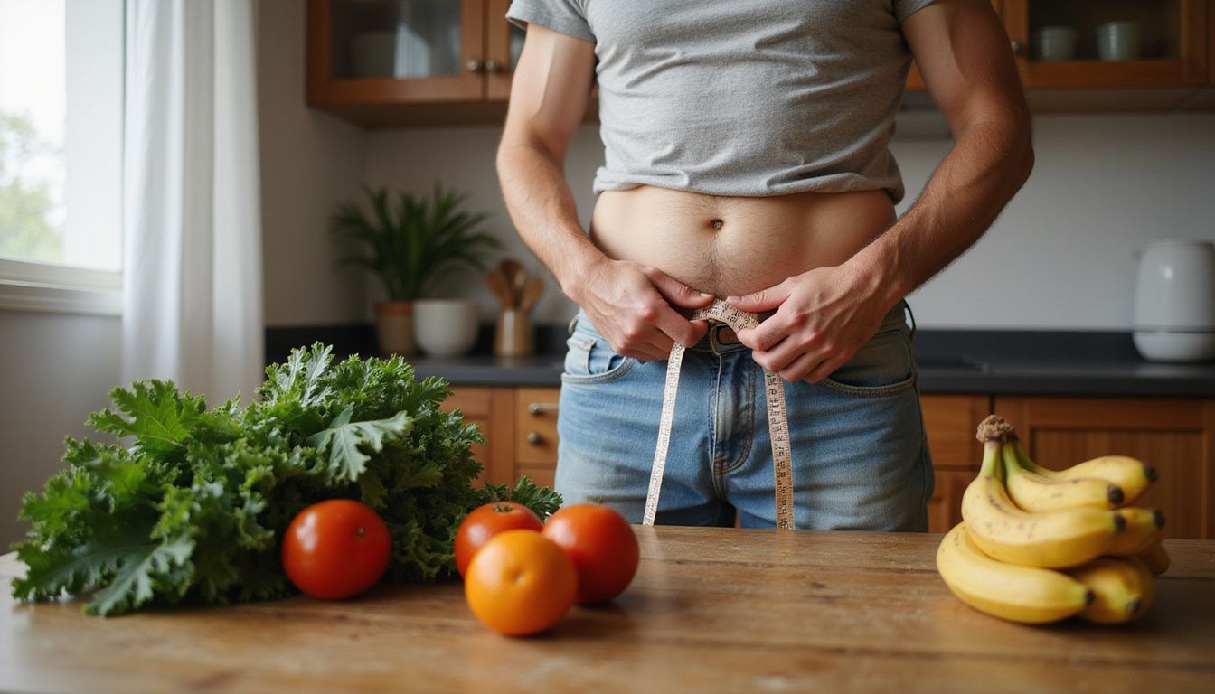 Man checking waist measurement near fresh produce in a kitchen.