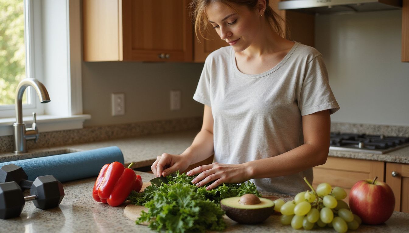 Home cook chopping vegetables to prepare a balanced, lower-calorie meal. Home cook chopping vegetables to prepare a balanced, lower-calorie meal.
