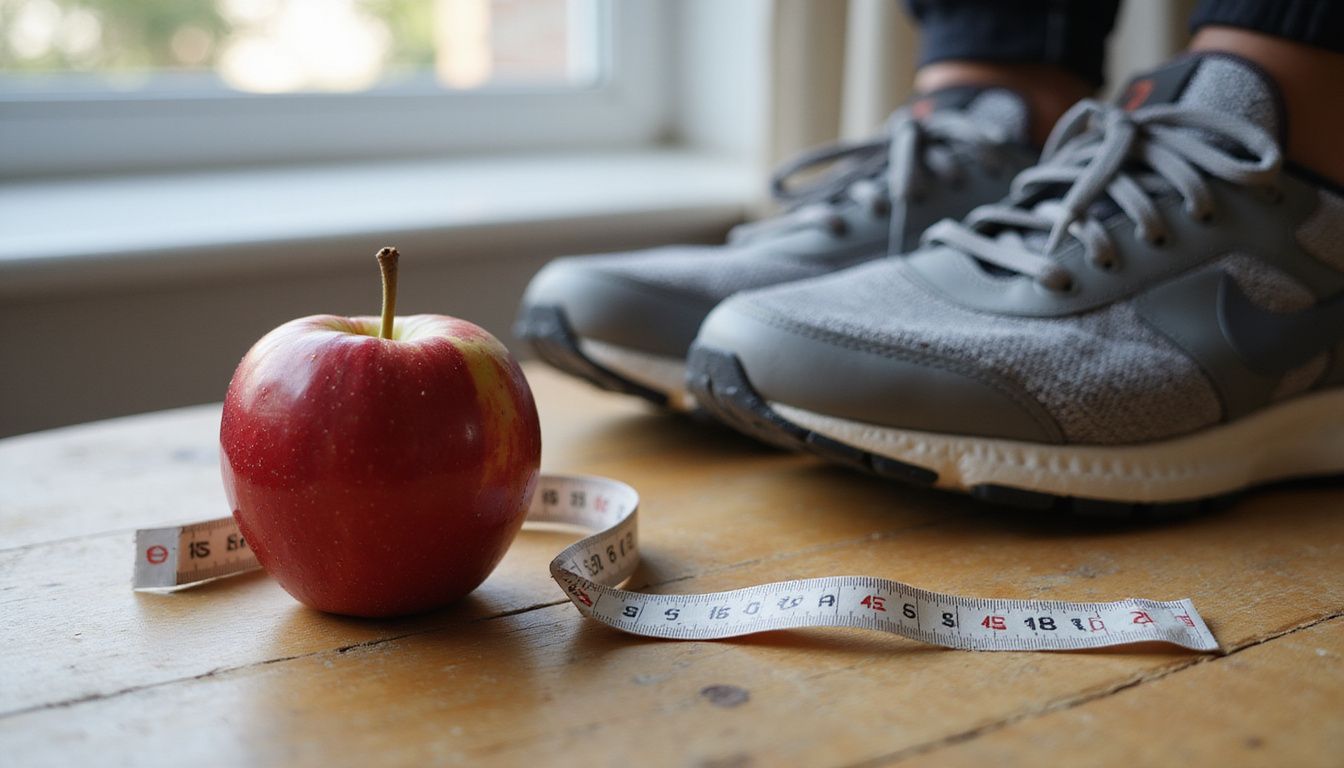 Apple, tape measure, and running shoes suggesting healthy habits for weight loss.