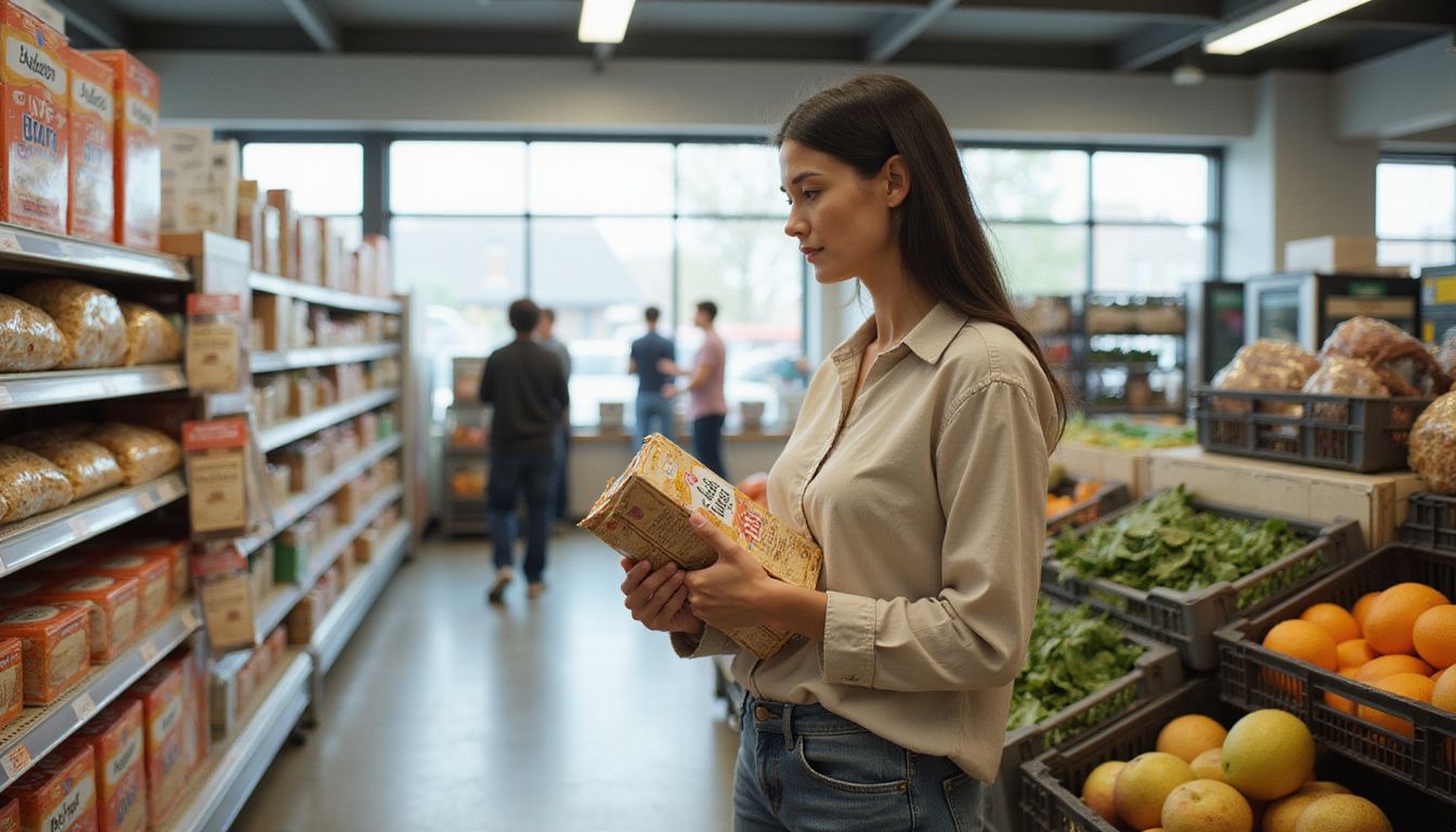 Woman comparing cereal labels while shopping in a grocery aisle.