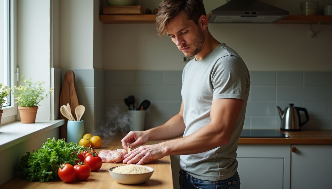 A man slices vegetables and grains to assemble a balanced meal.