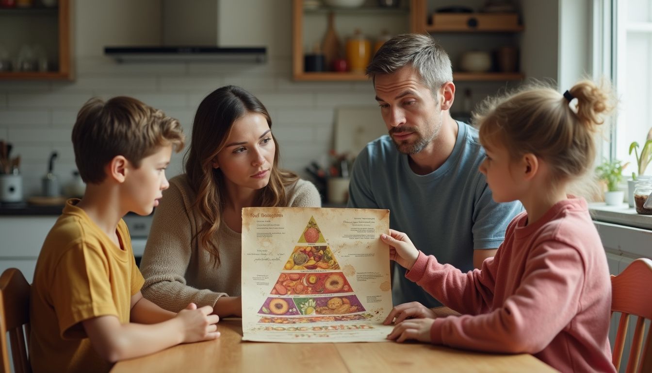 A family reviewing a classic Food Pyramid wall chart together.