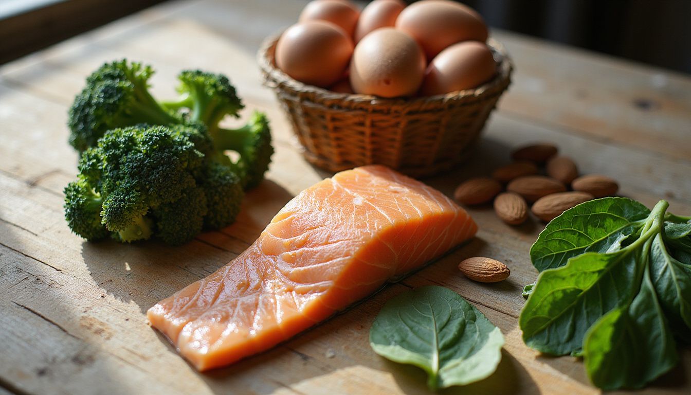 Fresh produce, proteins, and grains arranged on a rustic table to illustrate hair-nourishing nutrients.