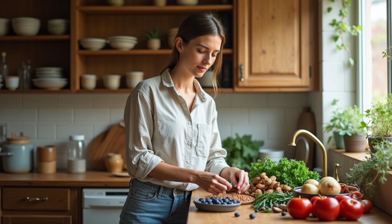 Home cook rinsing fresh fruit and vegetables at a kitchen sink.