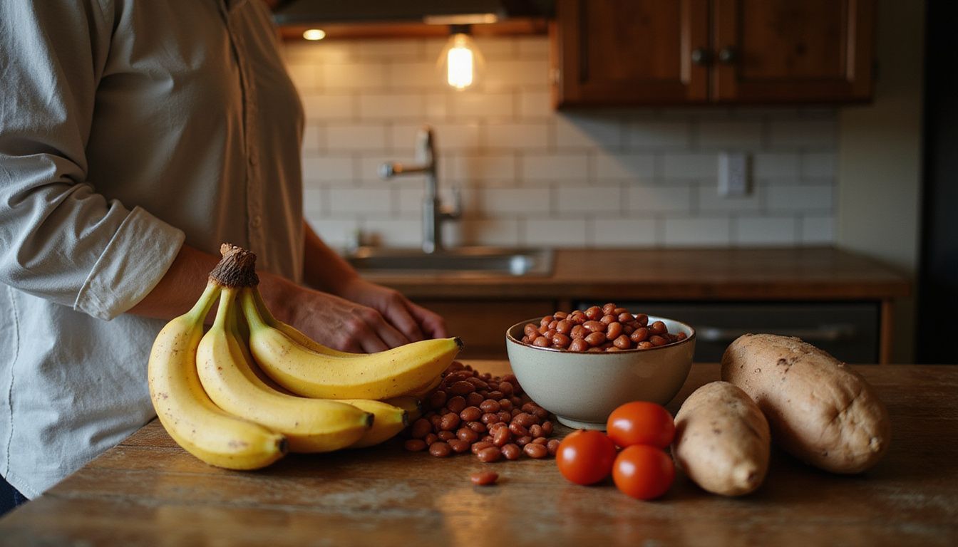 Hands arranging potassium-rich produce on a counter to illustrate the nutrient.