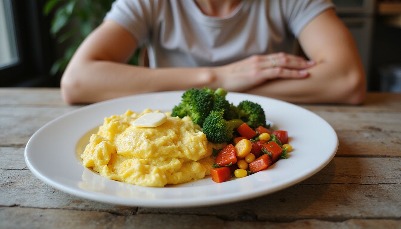 Scrambled eggs with mixed vegetables on a white plate