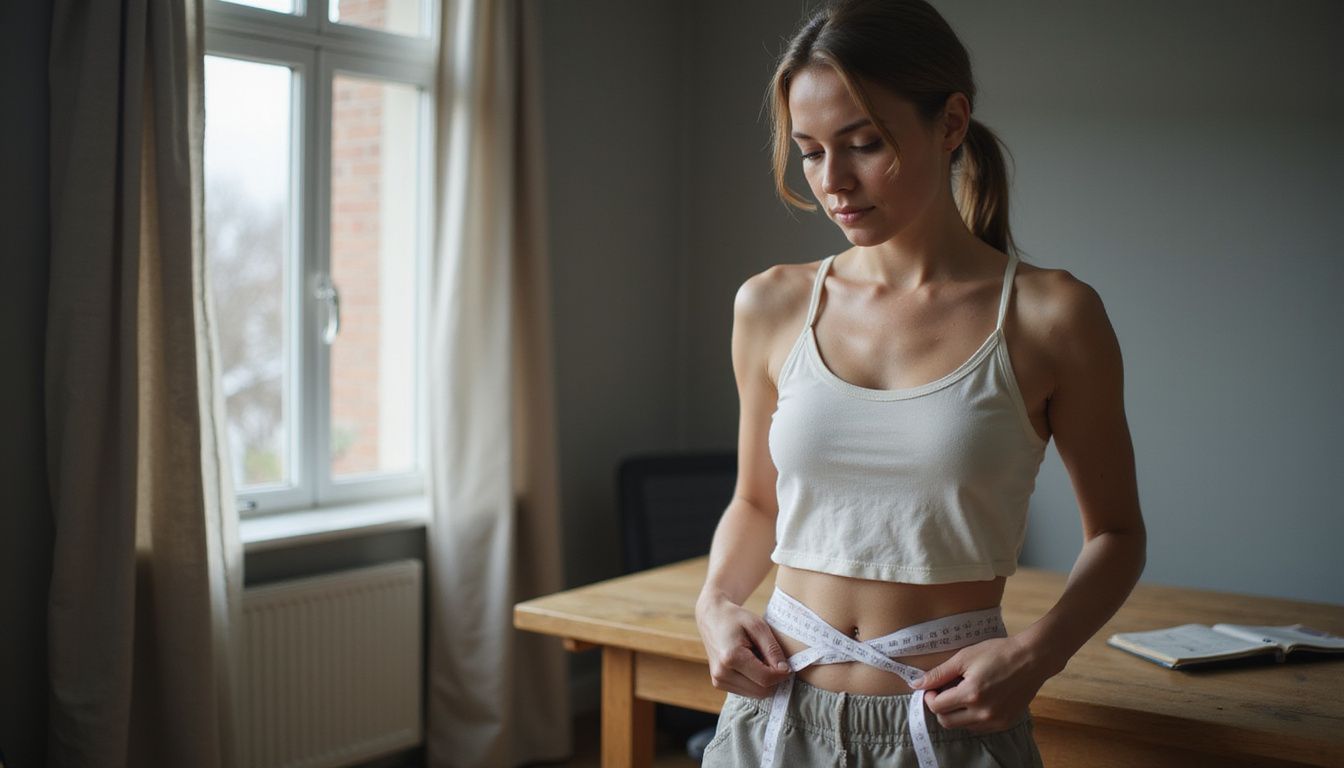 A woman measuring her waist with a fabric tape in a calm room.