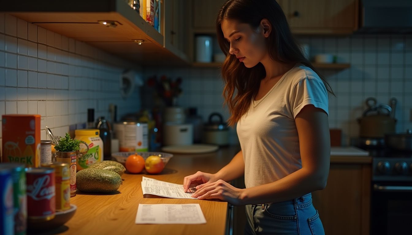 A woman reading nutrition labels while planning meals in her kitchen.