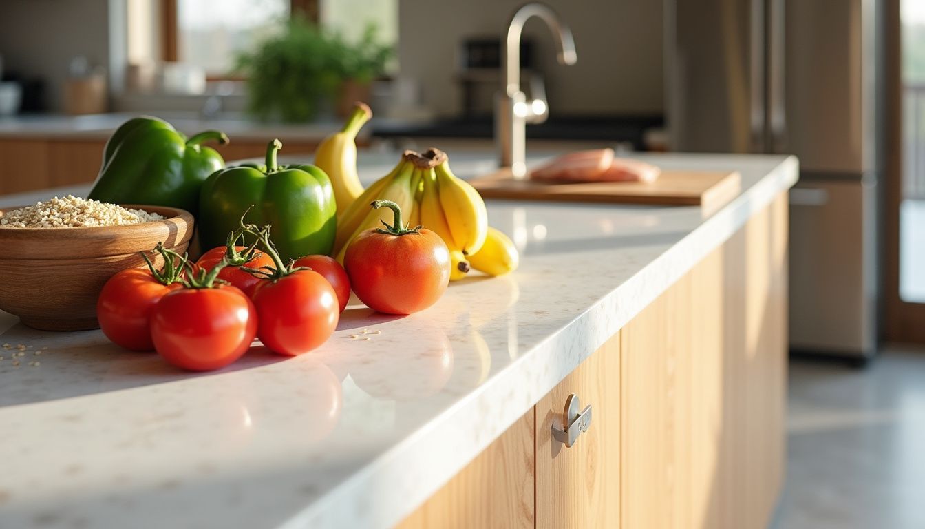 A calm kitchen scene with fresh produce, whole grains, and simple cooking tools.