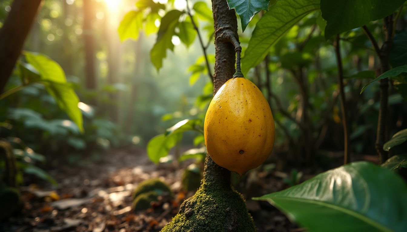 Yellow-green Garcinia cambogia fruit hanging from a rough branch with dense foliage.