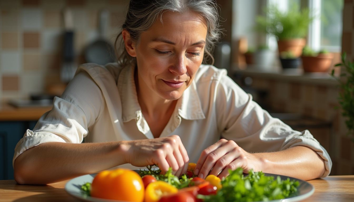 Fresh vegetables and fruits being prepared on a kitchen counter.
