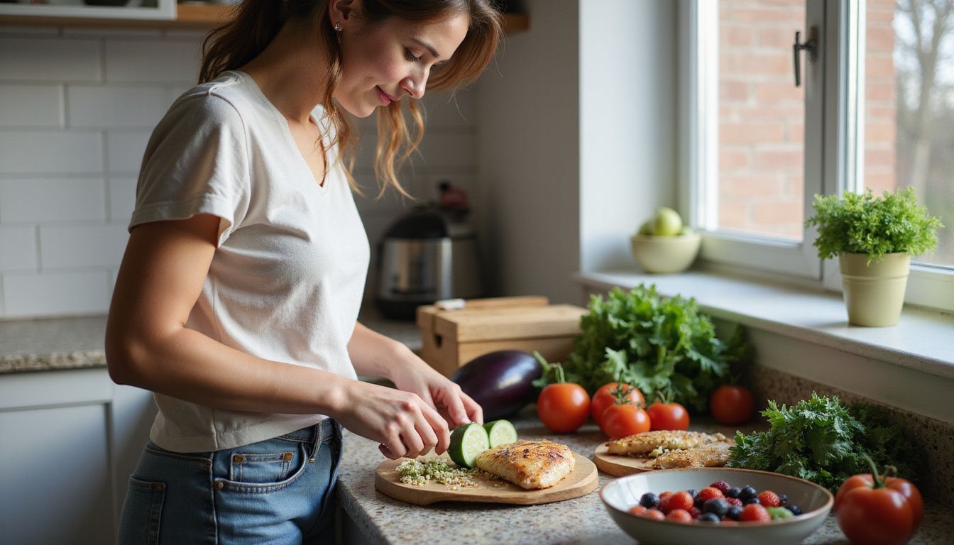 A home cook chopping vegetables while preparing a balanced meal.