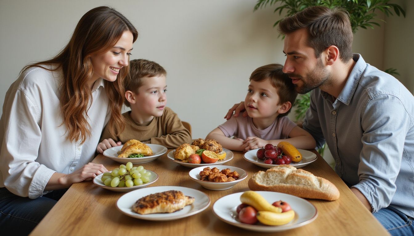Four family members enjoying a cozy, balanced dinner with vegetables and grains. Four family members enjoying a cozy, balanced dinner with vegetables and grains.
