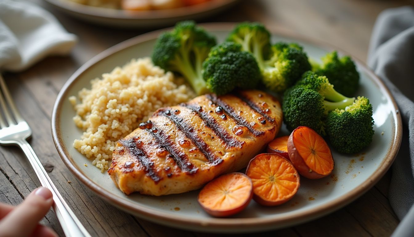 Meal prep containers with grilled chicken, quinoa, broccoli, and sweet potatoes for training days.