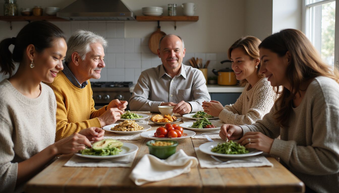 Friends share a balanced meal with fresh foods at a farmhouse table.