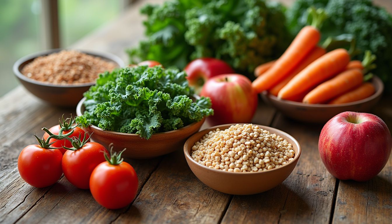 Wooden table with colorful fruit, leafy greens, and whole grains that supply healthy carbs.