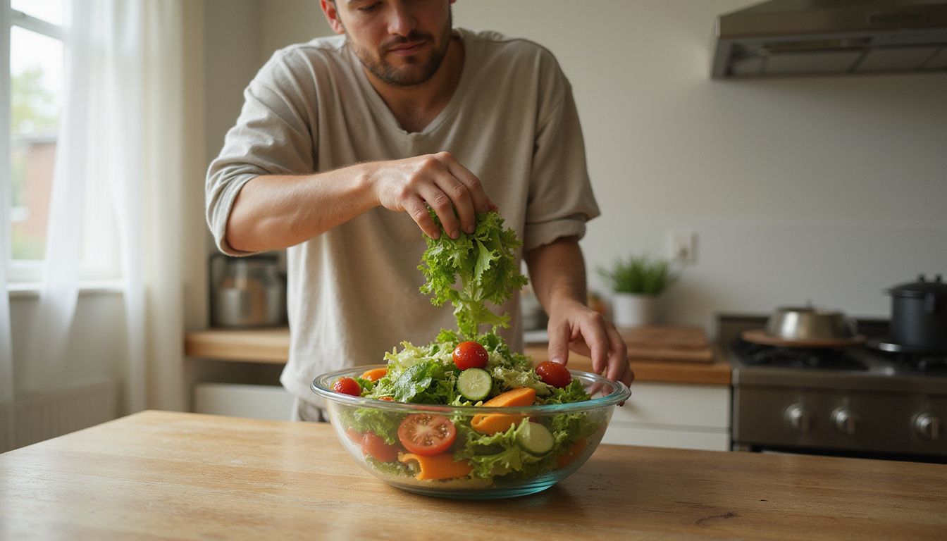 Person tossing a colorful salad in a bright home kitchen.