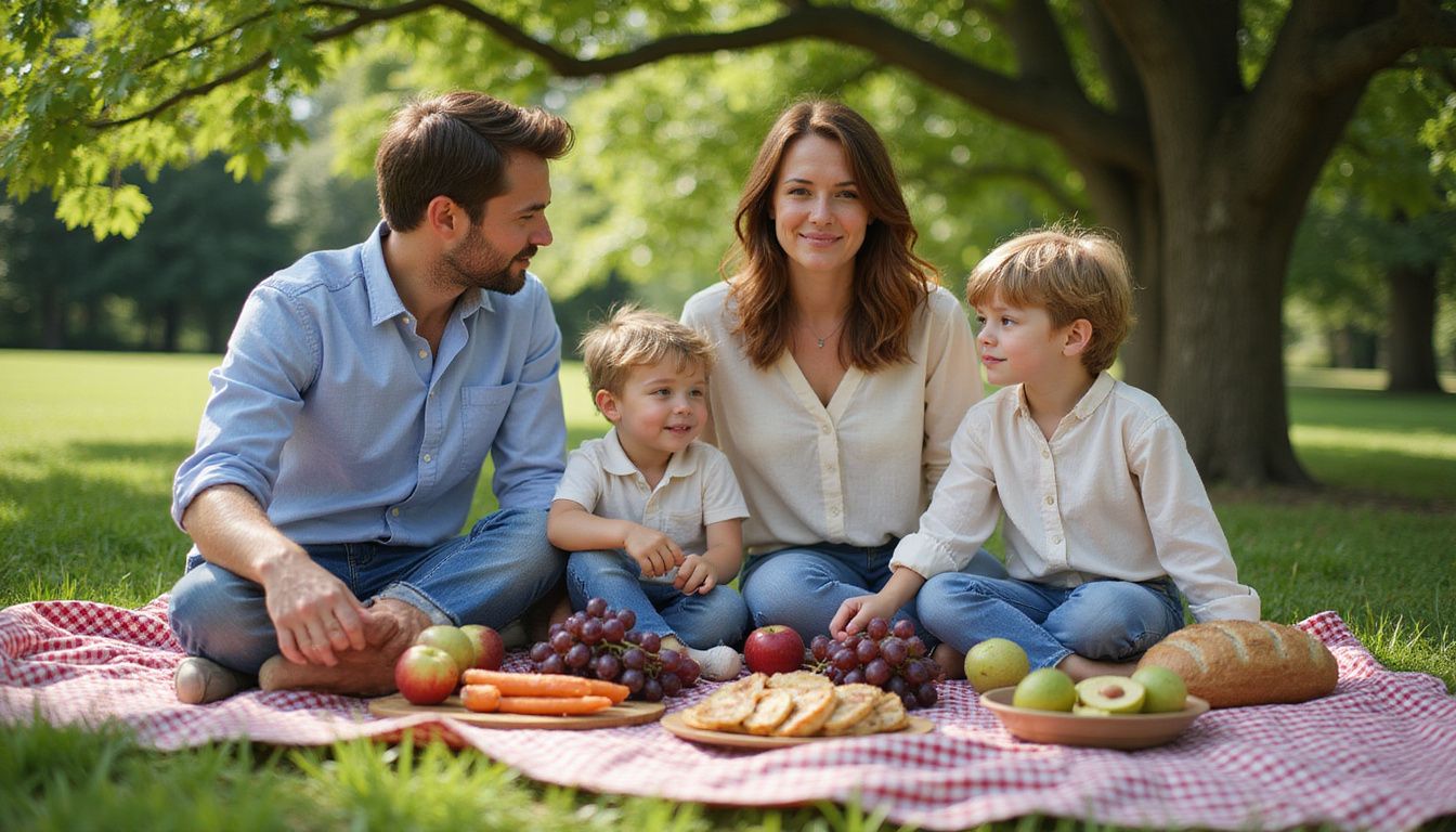 Family eating a picnic lunch with fruit, salads, and sandwiches in a city park.