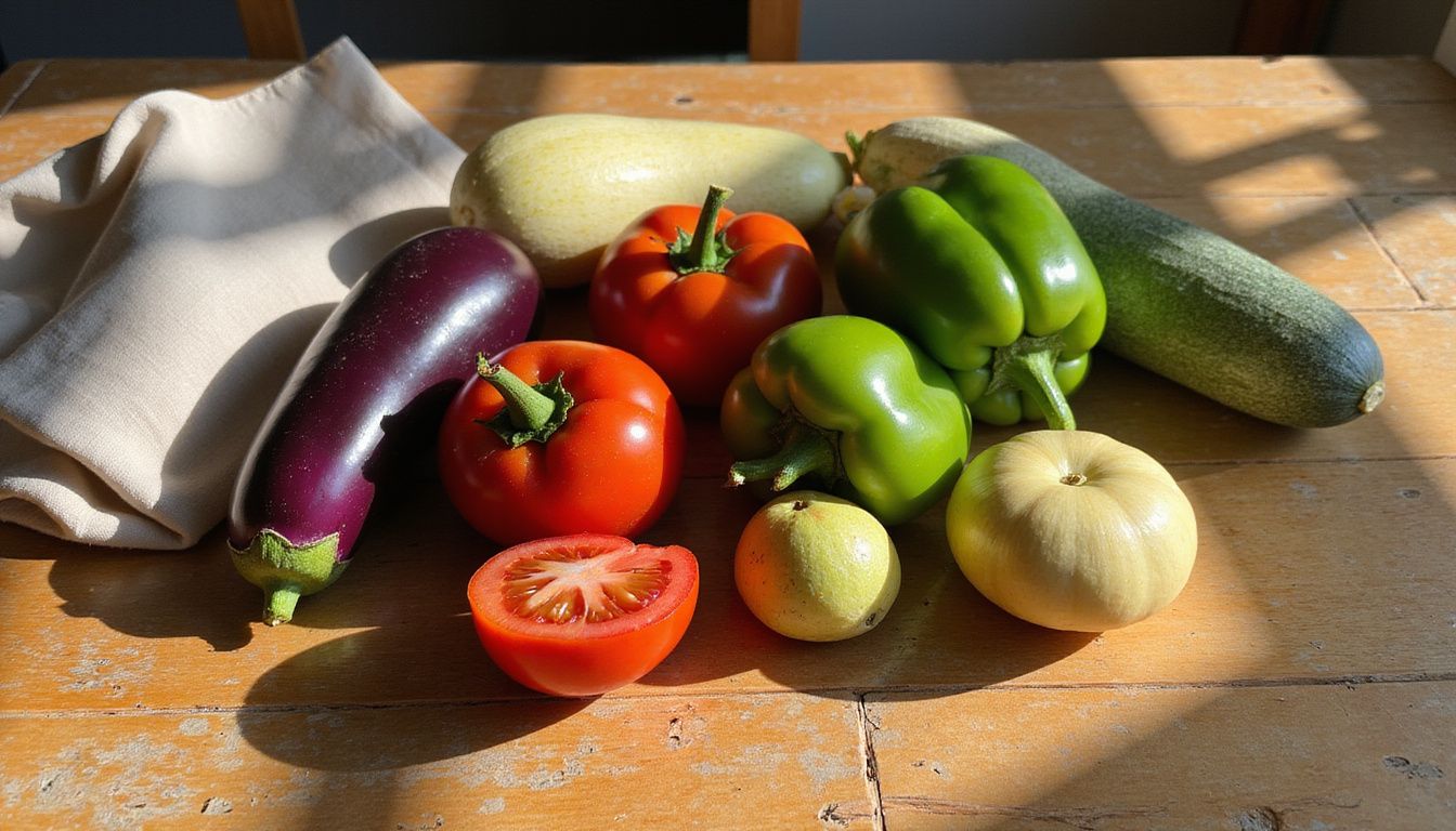Fresh fruits and vegetables arranged on a wooden table.