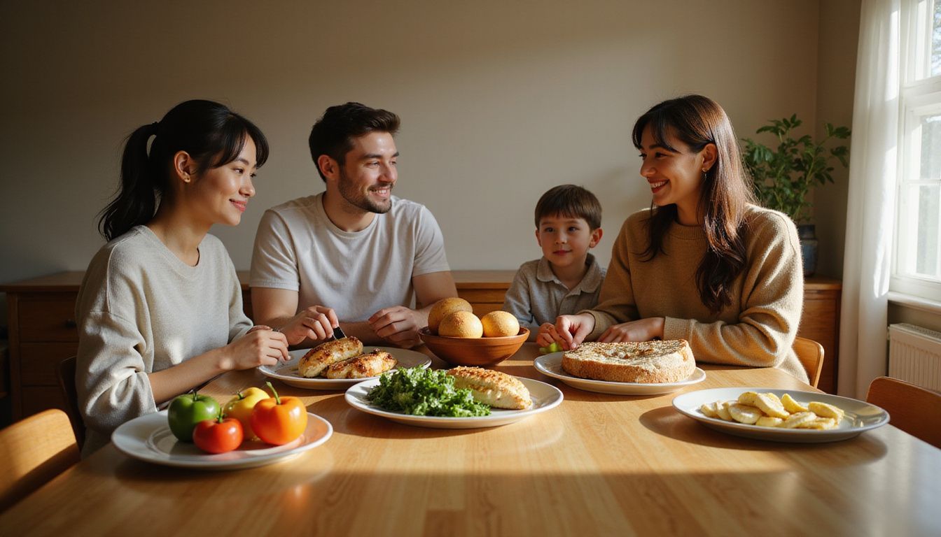 A family enjoys a cozy meal around a wooden dining table.