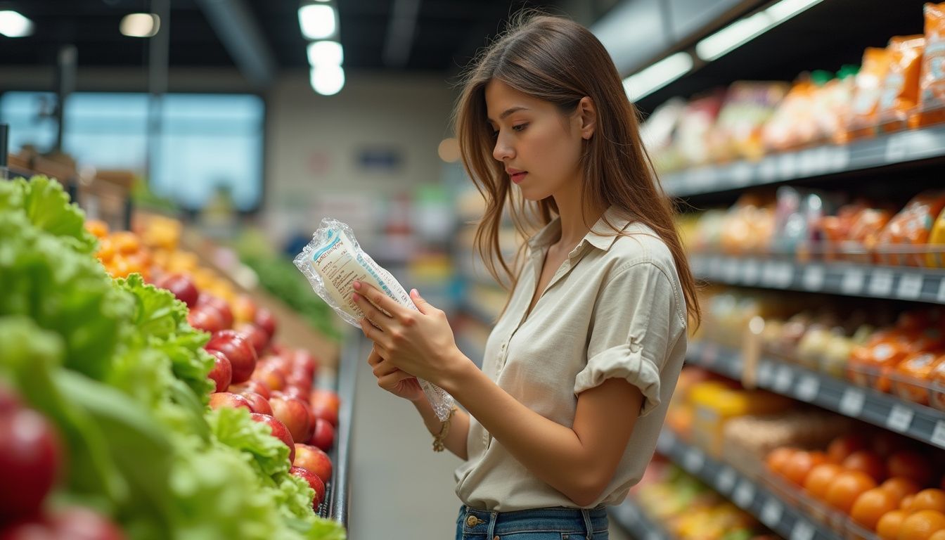 Young woman reading a nutrition label in a grocery aisle