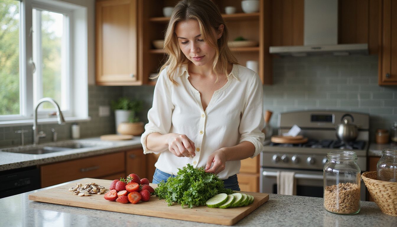 Home cook assembling a colorful salad with leafy greens and tomatoes in a bright kitchen.