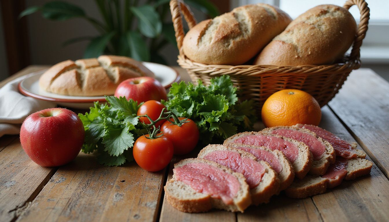 Fresh produce and pantry staples arranged on a wooden table.