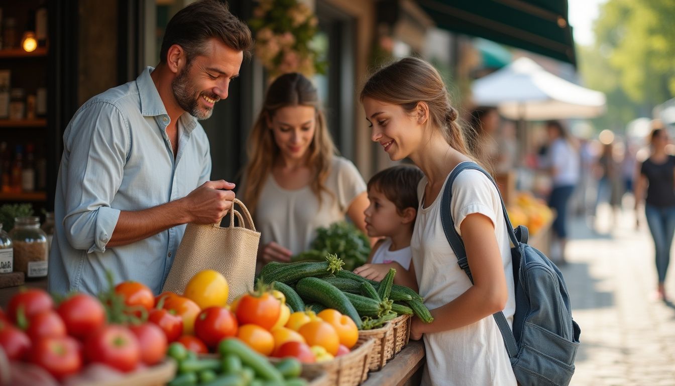 Family shopping for fresh produce at a local farmers market.