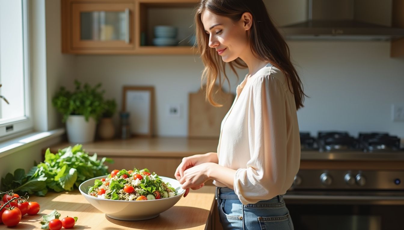 A person assembling a colorful salad with fresh greens and vegetables in a home kitchen.