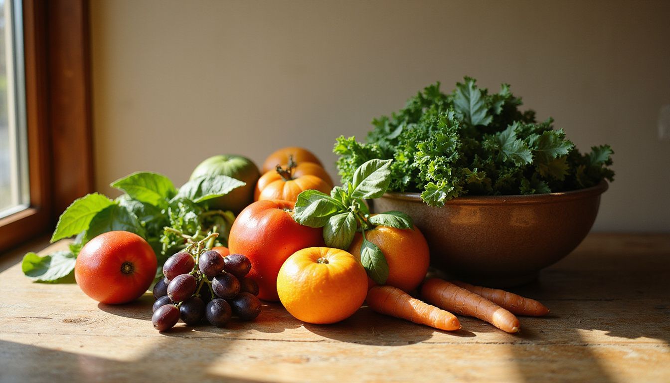 Close-up of fresh fruits and vegetables arranged on a wooden table for a balanced diet.