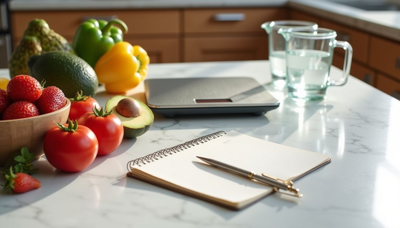 Kitchen counter with fresh produce, bowls, and simple tools for healthy cooking.