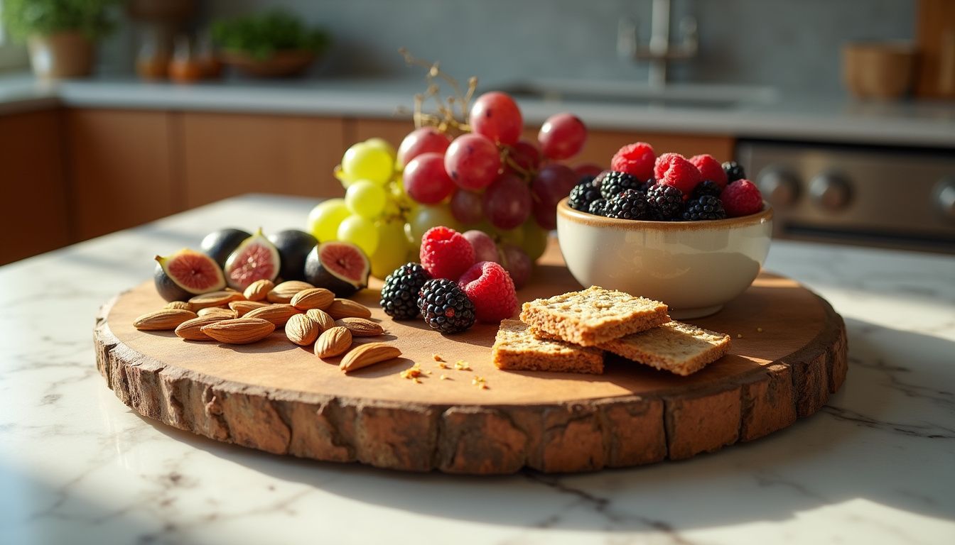 Cutting board with fresh fruits and snacks arranged for a balanced diet.