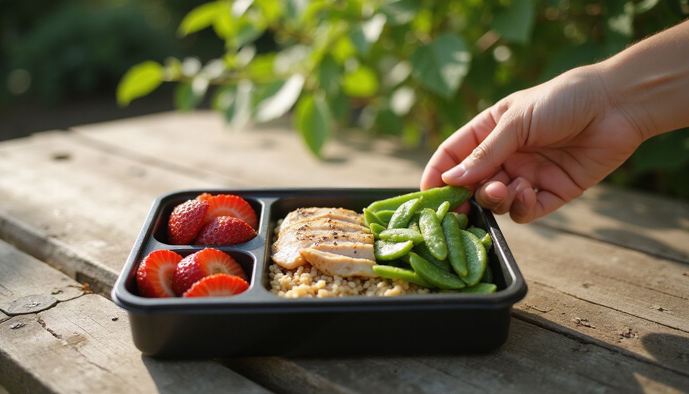 A bento box filled with colorful vegetables, grains, and lean protein on a picnic table.