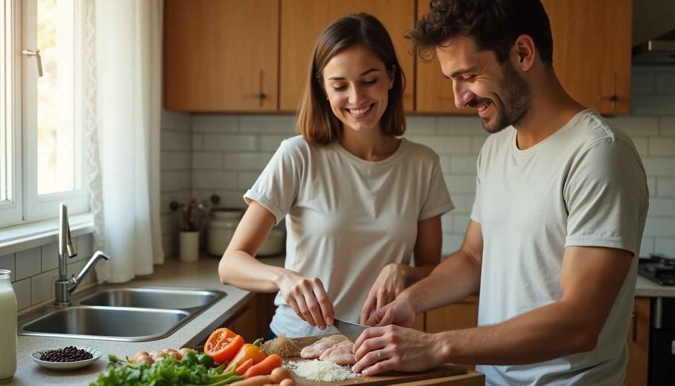 Two home cooks preparing a colorful, balanced dinner together.