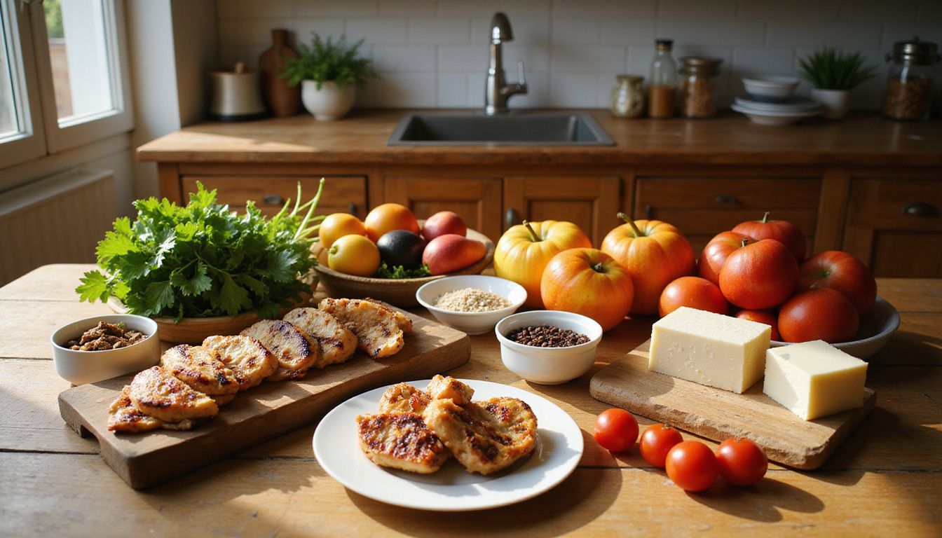 Colorful spread of fruits, vegetables, grains, and proteins shown together.