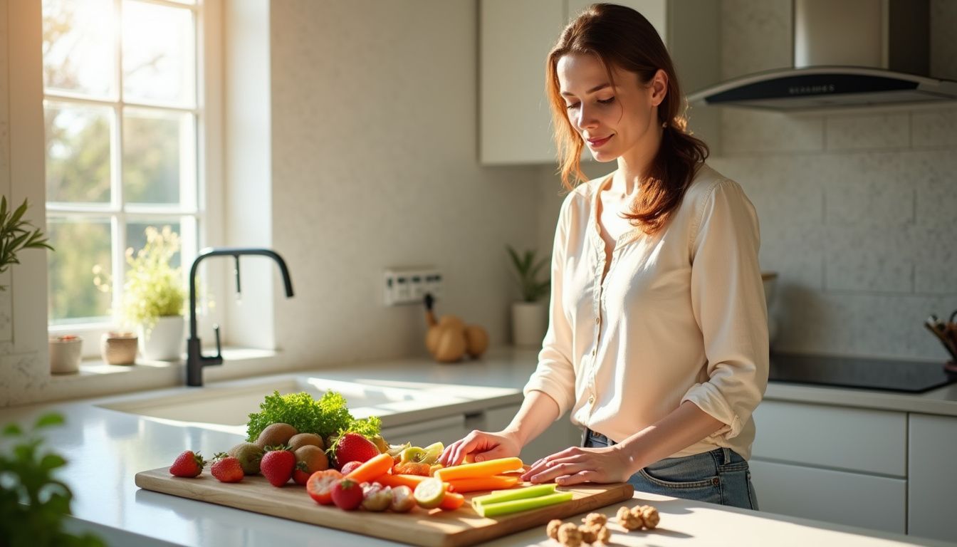 A person preparing colorful, healthy snacks in a bright kitchen.