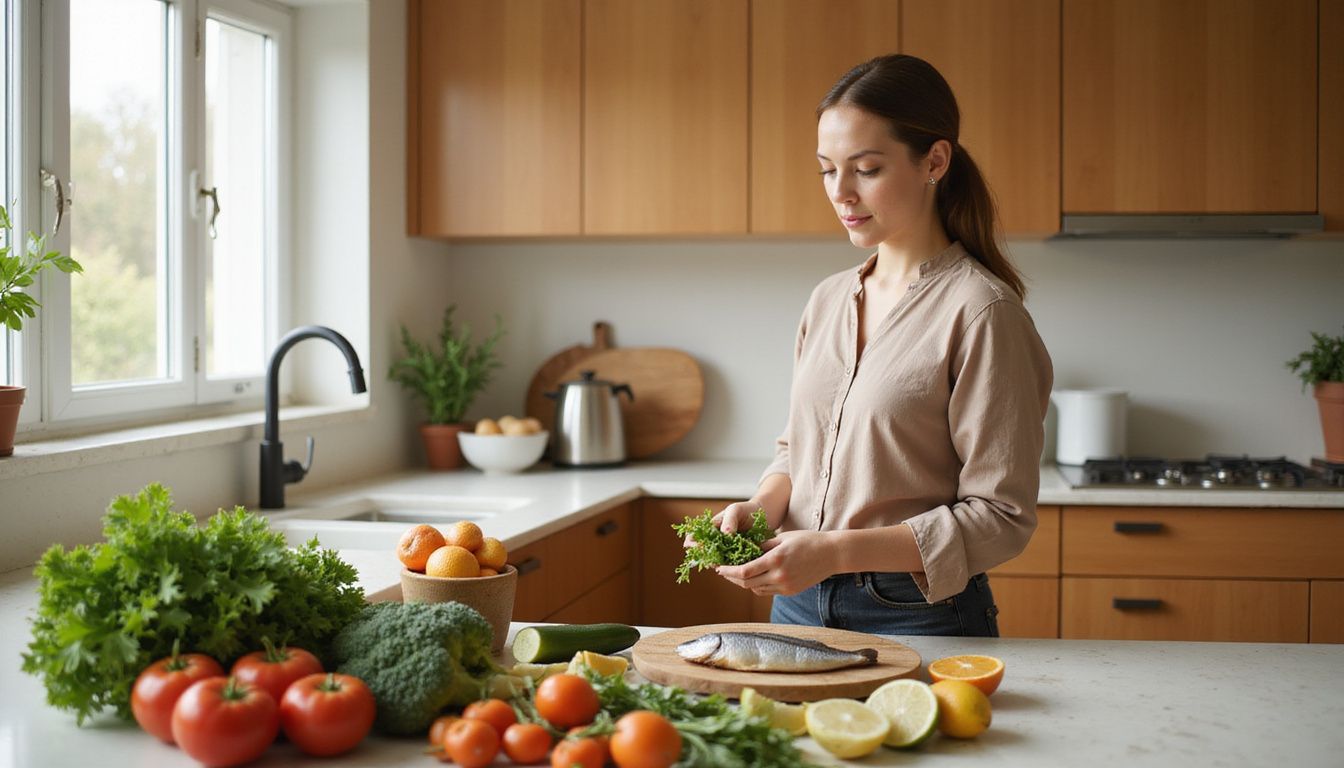 Home cook slicing vegetables on a bright kitchen counter. Home cook slicing vegetables on a bright kitchen counter.