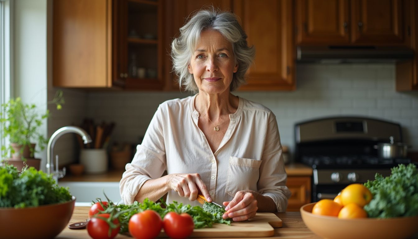 Middle-aged woman cooking a balanced meal in a bright home kitchen.