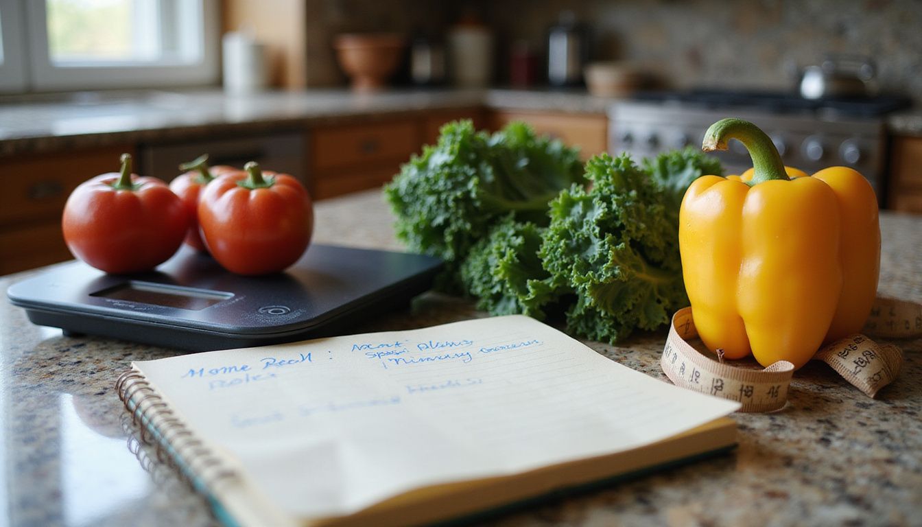 Fresh produce, a kitchen scale, and a printed pyramid guide on a counter.
