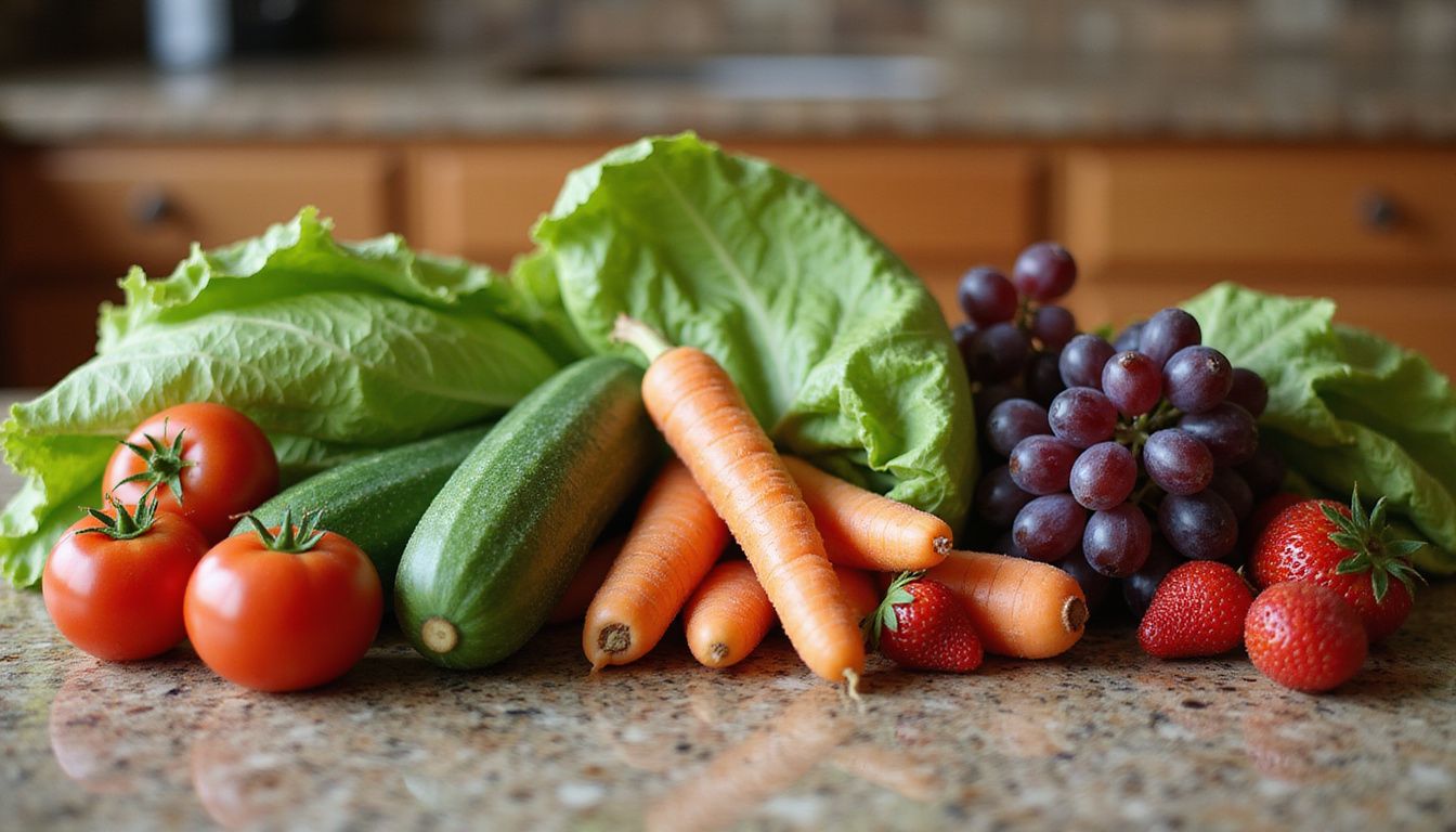 Fresh produce arranged on a kitchen counter, highlighting balanced choices.