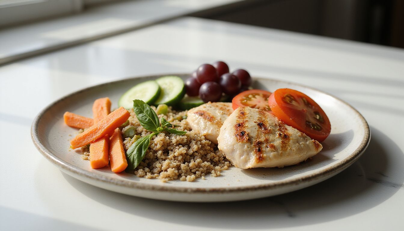 Colorful heart-healthy plate with chicken, quinoa, and mixed vegetables. Colorful heart-healthy plate with chicken, quinoa, and mixed vegetables.