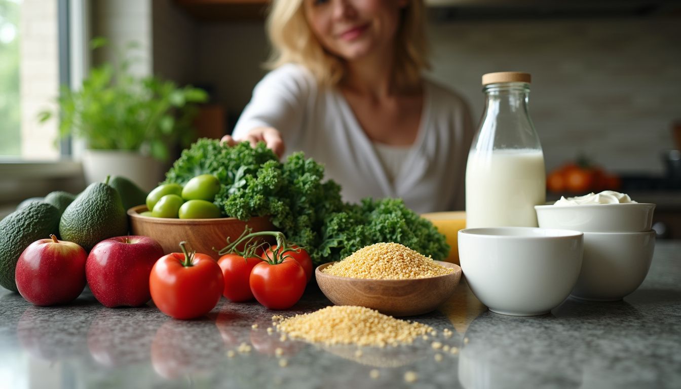 Fresh produce, grains, and heart-healthy ingredients arranged on a kitchen counter.