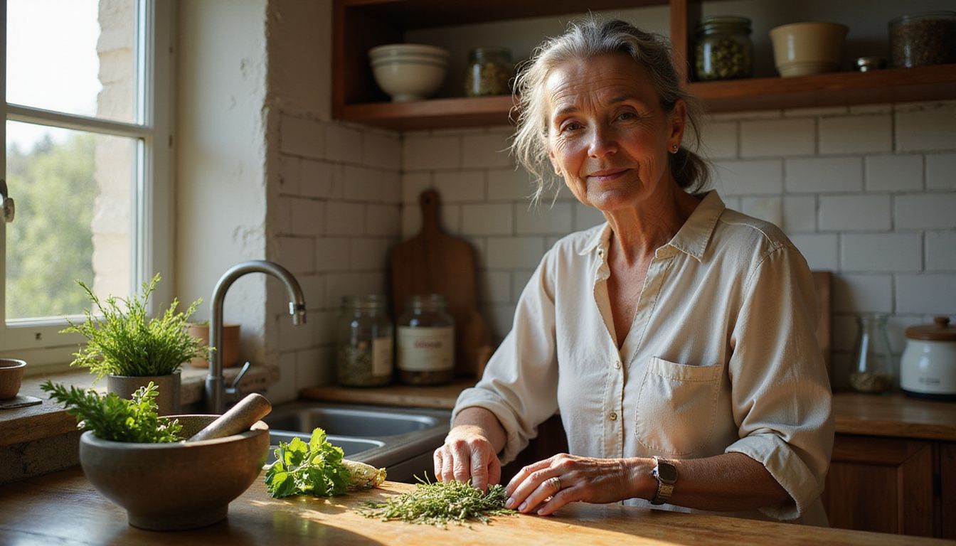An older home cook chopping herbs and spices at a small kitchen table.