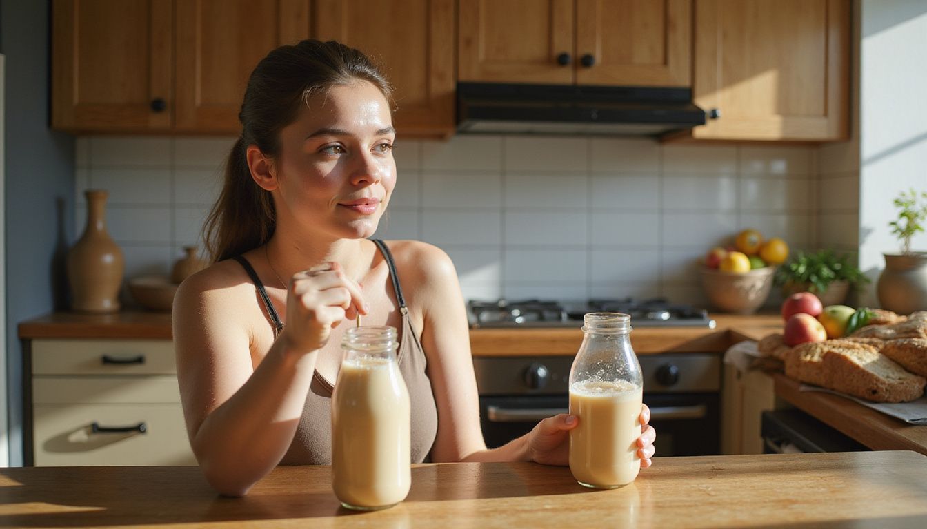 Young adult sipping a nutrition shake at a small kitchen table.