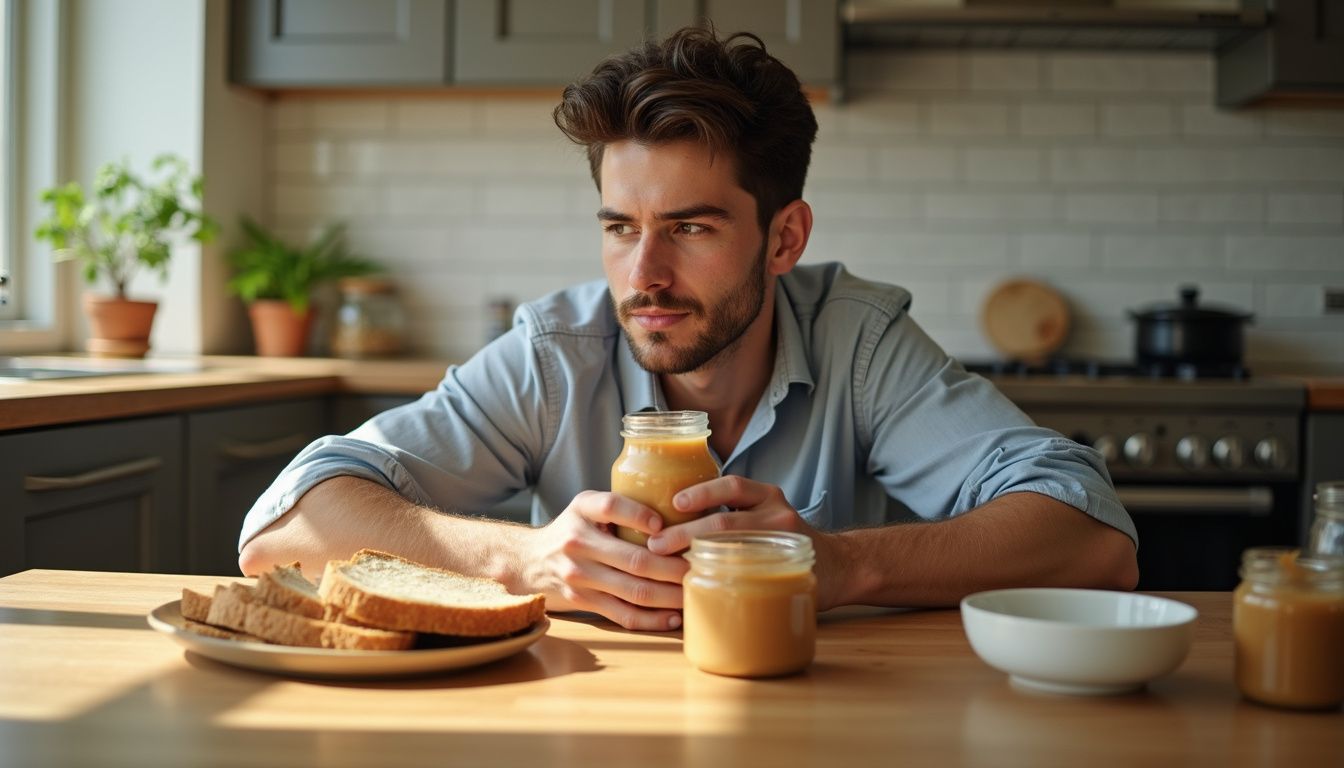 A young man at a kitchen table drinking a high protein shake.